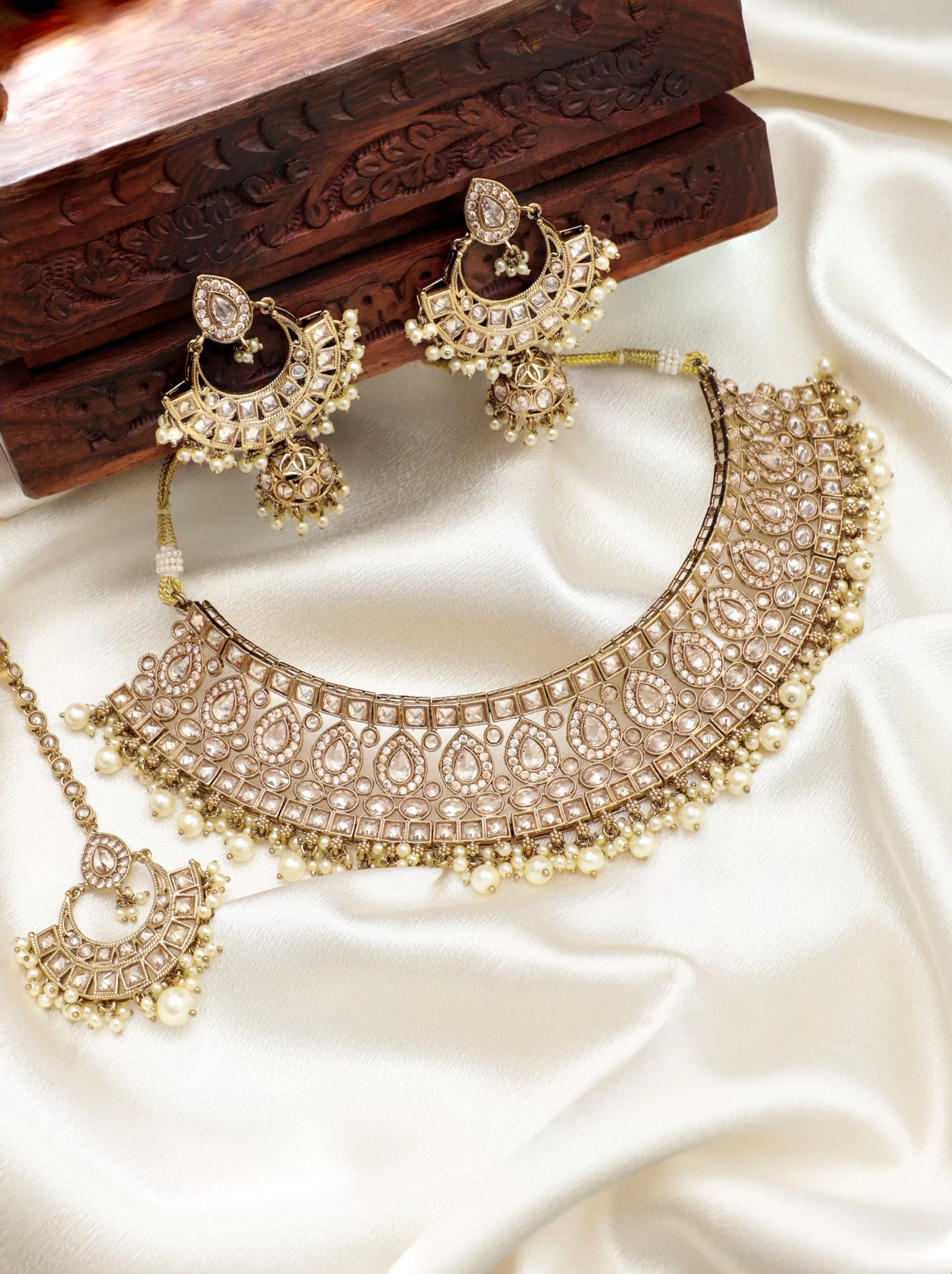 Rubans 22K Mehndi gold plated Reverse AD Studded Pearl beaded Statement Luxury Choker Set